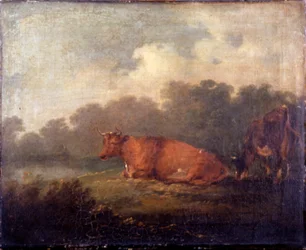 Landschaft mit Vieh, eine Kuh ruhend